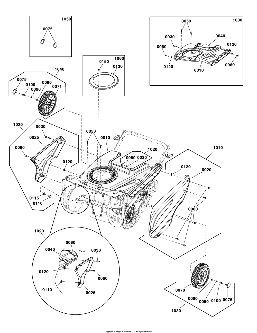 Cover And Wheel Group Diagram and Parts List for 1697293-00 (1222EE)(2020) Briggs and Stratton Snow Blower